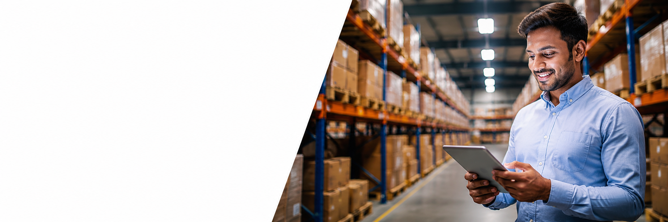 Buyer in a warehouse looking at tablet
