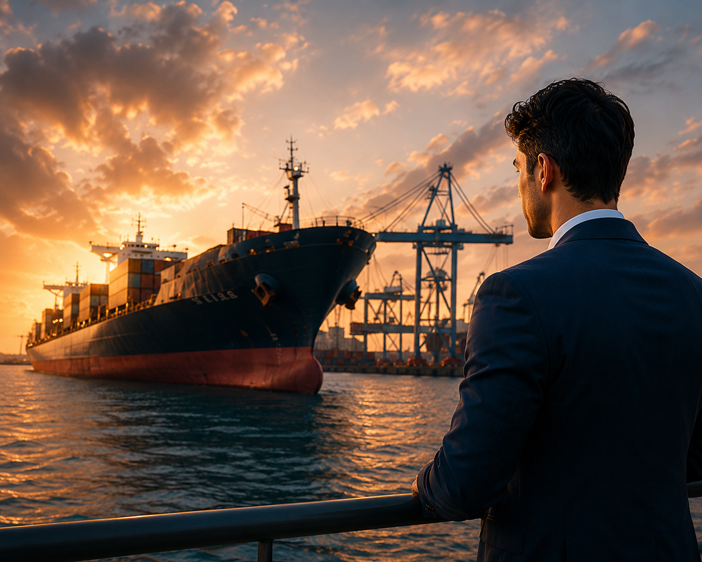 Businessman overlooking container cargo ship